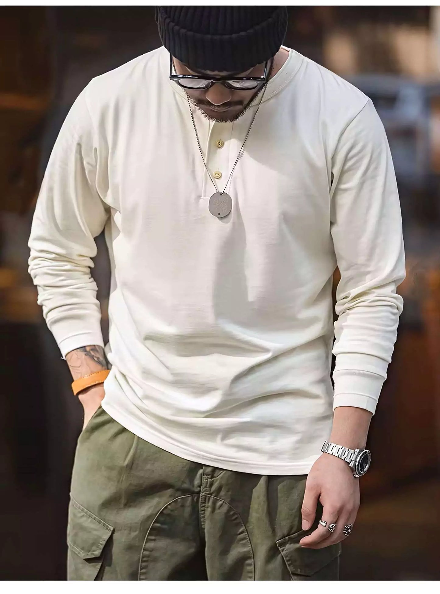 Alex Shogun Henley Long-Sleeve Tee - Alex Shogun Men's Henley Long Sleeve T-Shirt - Cotton, Ivory Buttons Alex Shogun Men's Clothes