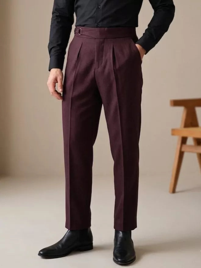 Double Pleat High-Waist Trousers | Burgundy & Black - Alex Shogun Men's Clothes