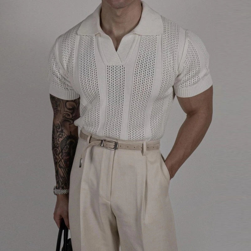 Hollow Out Knit Polo Shirt - Men's Vintage Knit Polo Shirt | Hollow Out Design | Alex Shogun Alex Shogun Men's Clothes