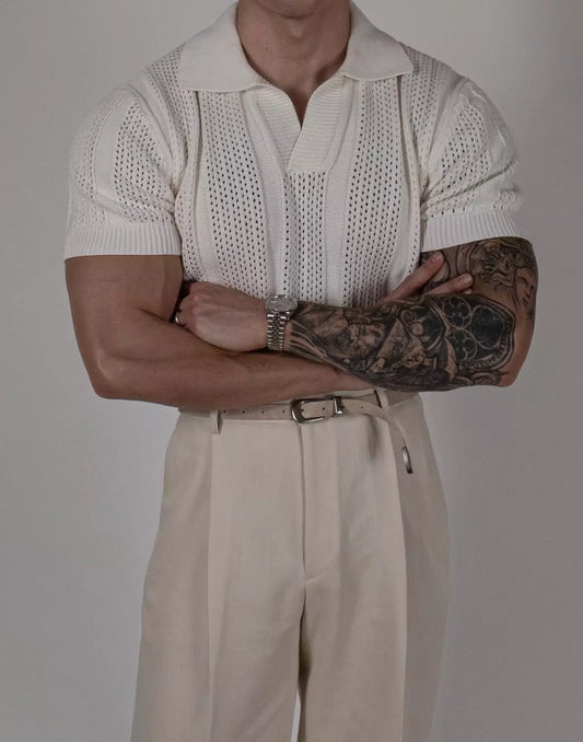 Hollow Out Knit Polo Shirt - Hollow Out Knit Polo Shirt Alex Shogun Men's Clothes