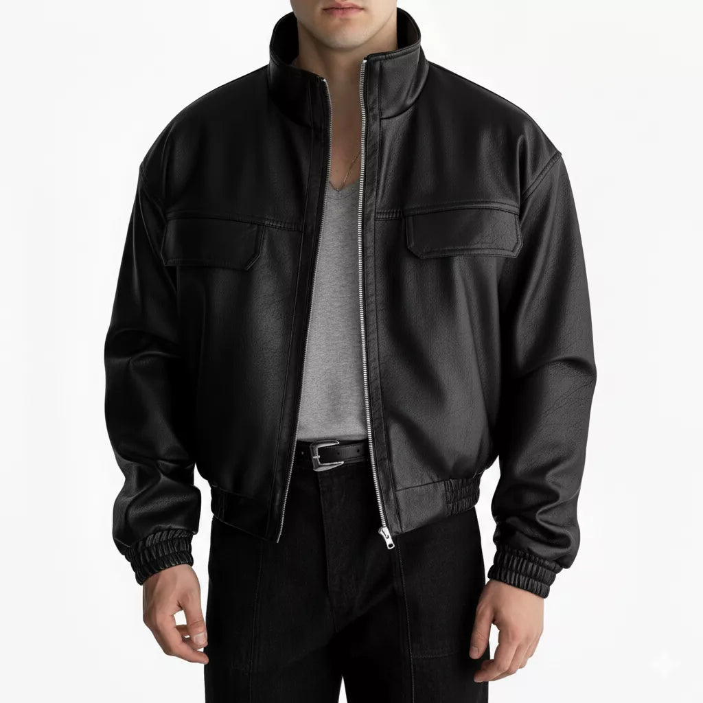 Men's Faux Leather Bomber Jacket | Stand Collar, Urban & Versatile
