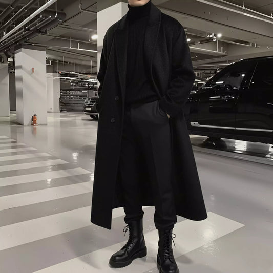 Men's Long Single-Breasted Wool Coat - Men's Long Single-Breasted Wool Coat Alex Shogun Men's Clothes