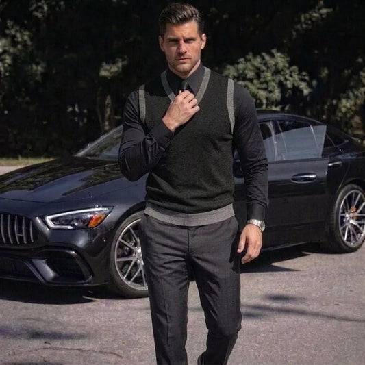 The Noir Essential Vest - Men's Black Knit Vest | Dark V-Neck Sweater Vest | Alex Shogun Alex Shogun Men's Clothes