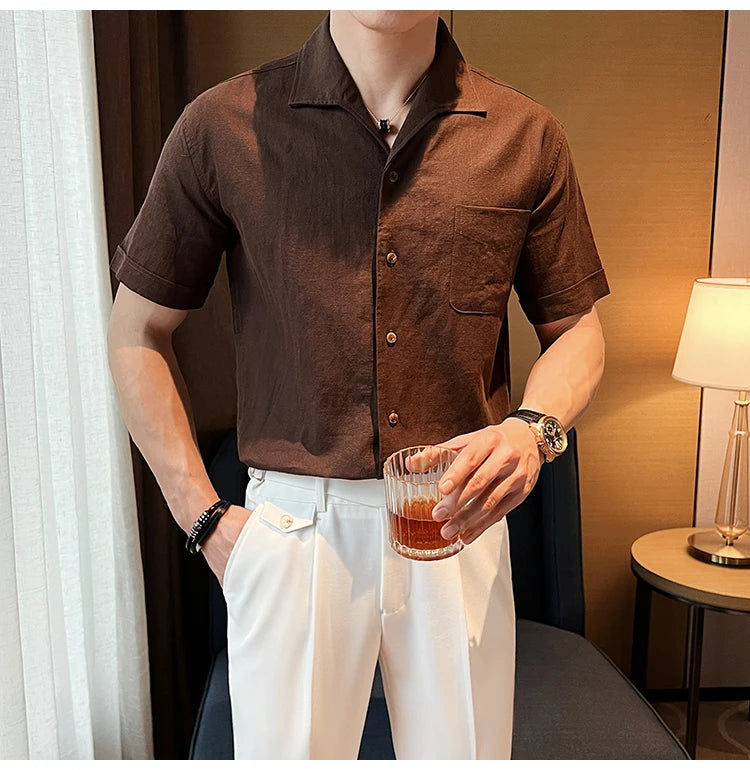 The Riviera Arc-Collar Short-Sleeve Shirt - The Riviera Arc-Collar Short-Sleeve Shirt | Mens Linen Button Up Alex Shogun Men's Clothes