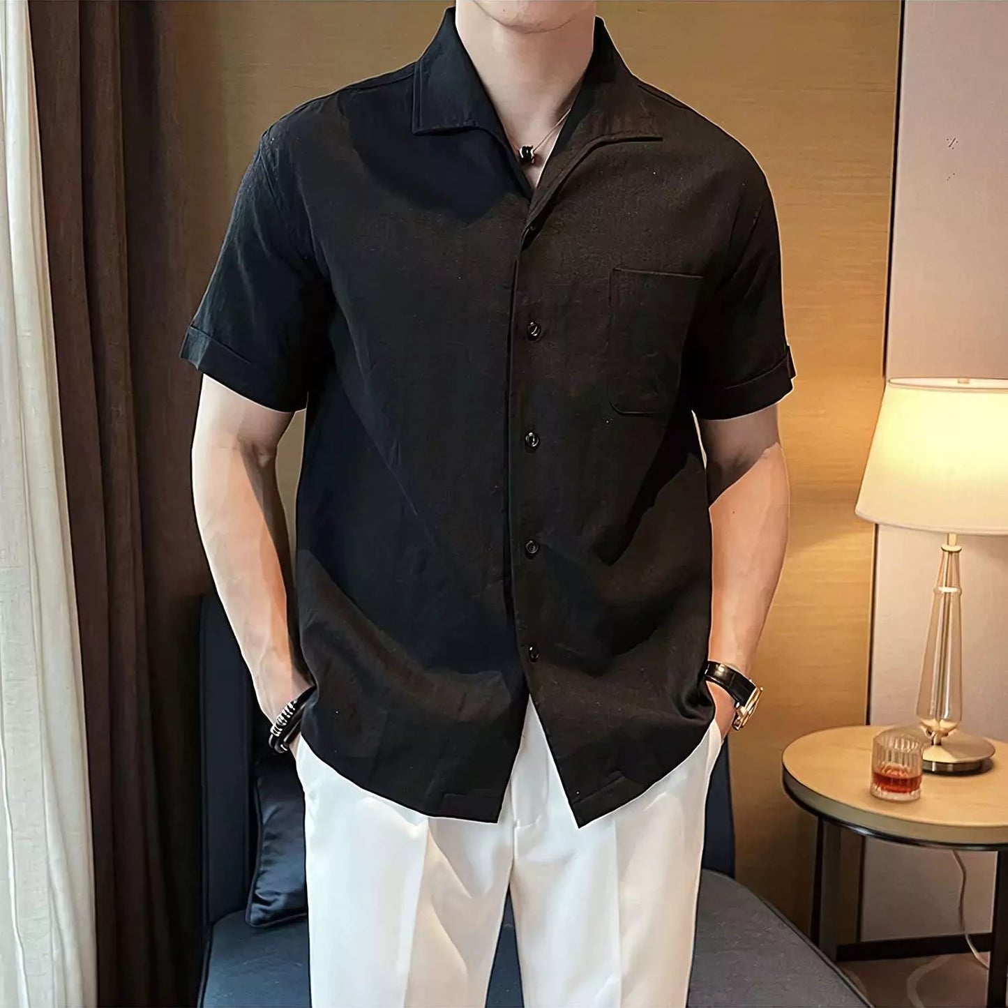 The Riviera Arc-Collar Short-Sleeve Shirt - The Riviera Arc-Collar Short-Sleeve Shirt | Mens Linen Button Up Alex Shogun Men's Clothes