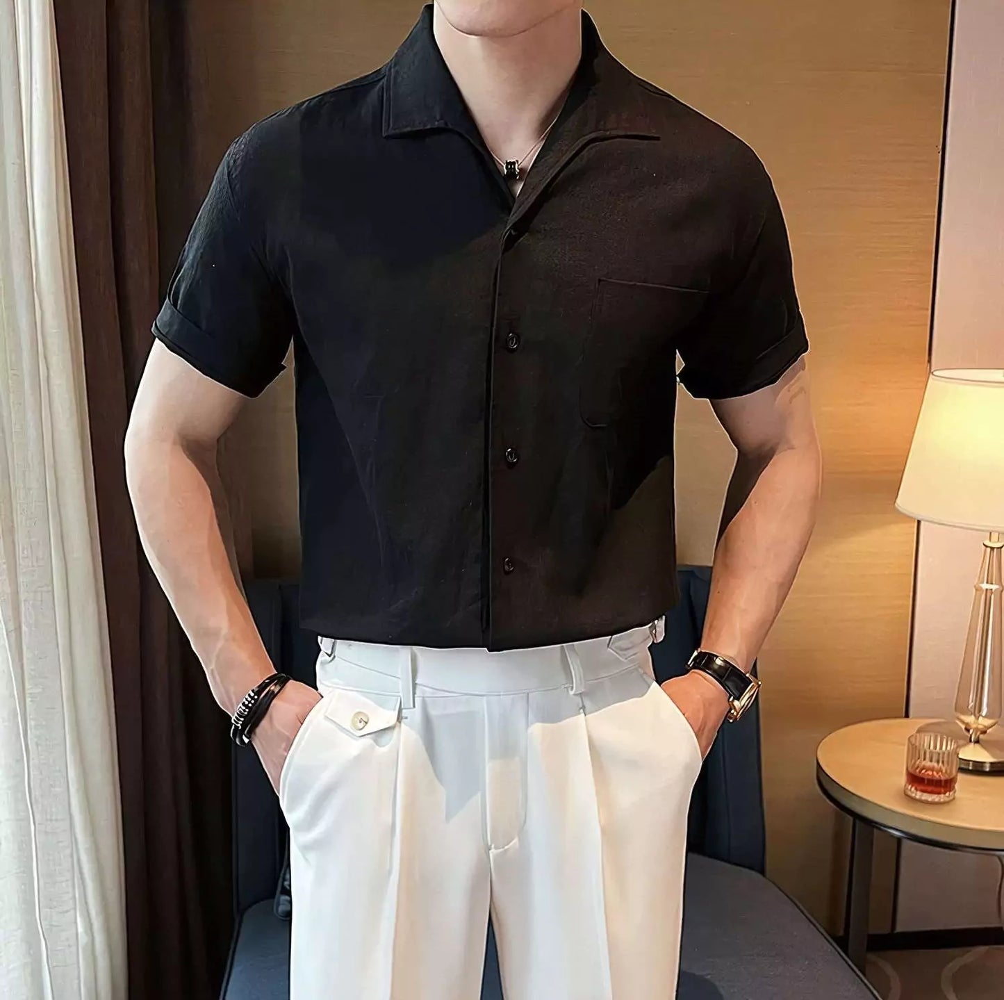 The Riviera Arc-Collar Short-Sleeve Shirt - The Riviera Arc-Collar Short-Sleeve Shirt | Mens Linen Button Up Alex Shogun Men's Clothes