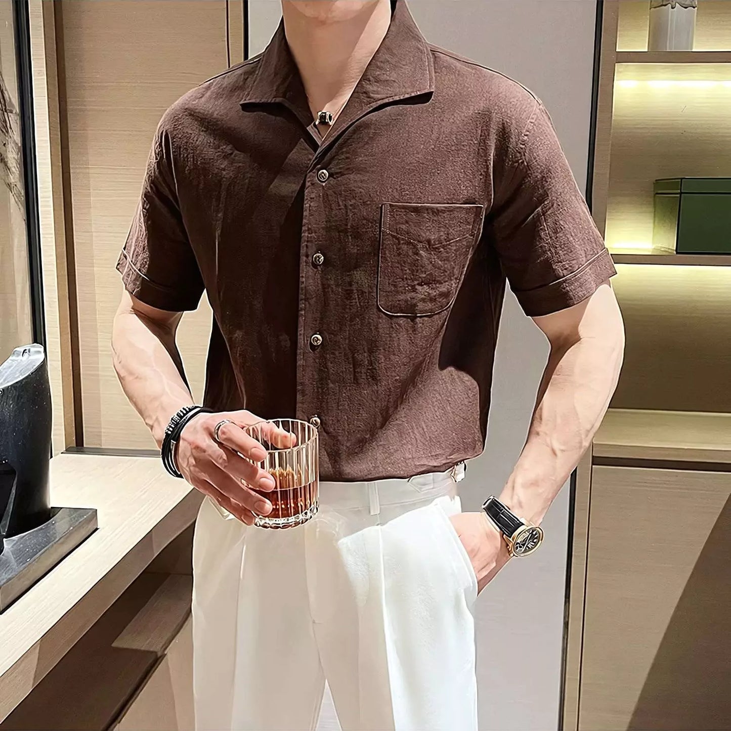 The Riviera Arc-Collar Short-Sleeve Shirt - The Riviera Arc-Collar Short-Sleeve Shirt | Mens Linen Button Up Alex Shogun Men's Clothes