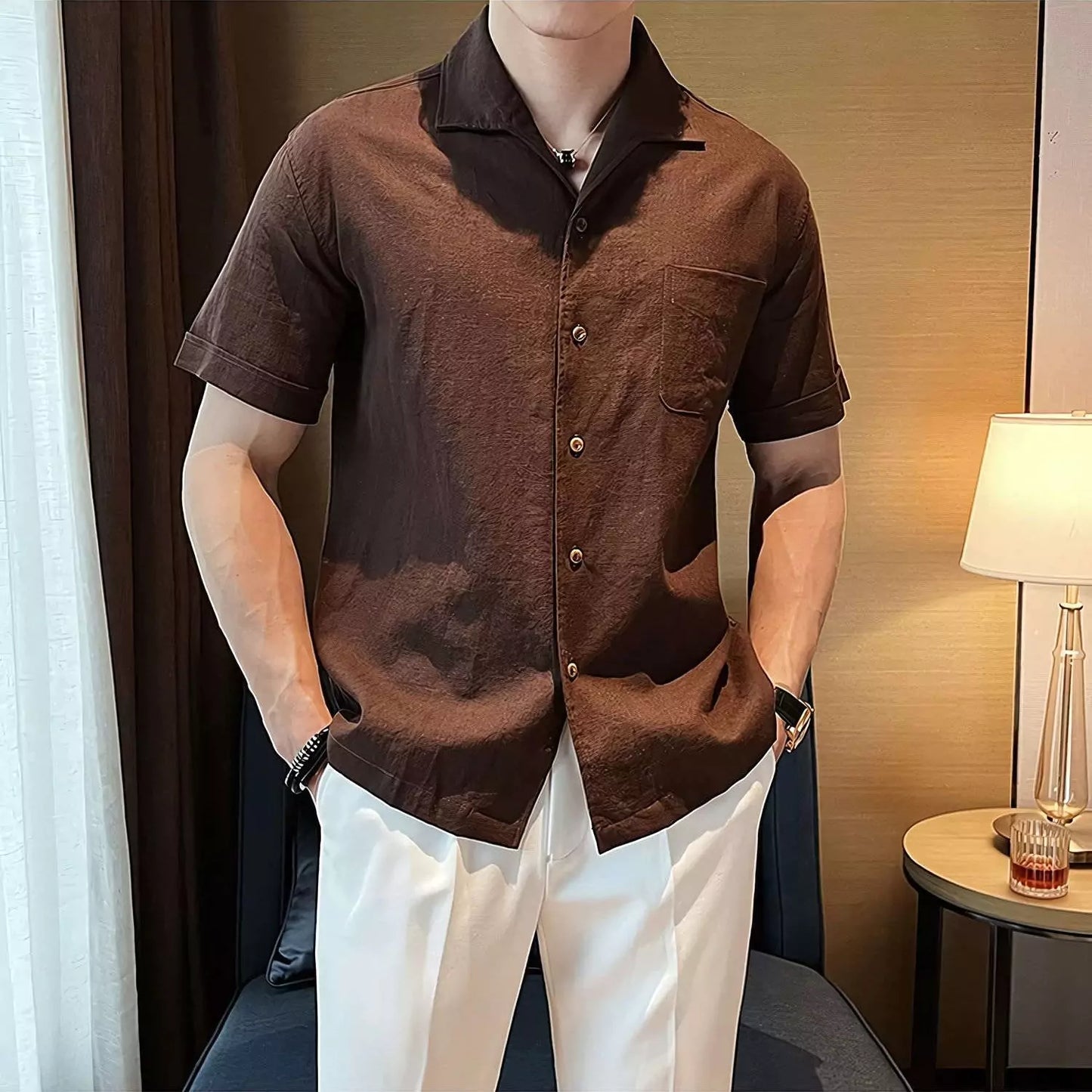 The Riviera Arc-Collar Short-Sleeve Shirt - The Riviera Arc-Collar Short-Sleeve Shirt | Mens Linen Button Up Alex Shogun Men's Clothes