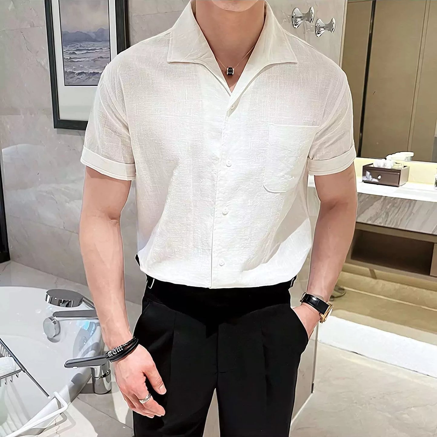 The Riviera Arc-Collar Short-Sleeve Shirt - The Riviera Arc-Collar Short-Sleeve Shirt | Mens Linen Button Up Alex Shogun Men's Clothes