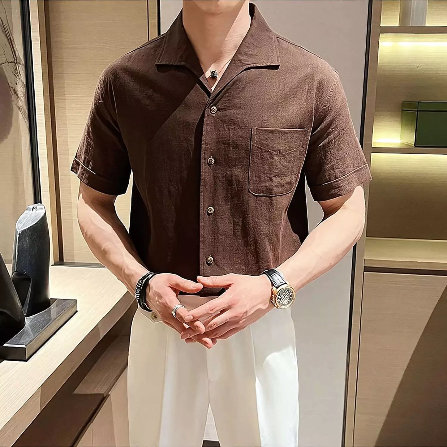 The Riviera Arc-Collar Short-Sleeve Shirt - The Riviera Arc-Collar Short-Sleeve Shirt | Mens Linen Button Up Alex Shogun Men's Clothes