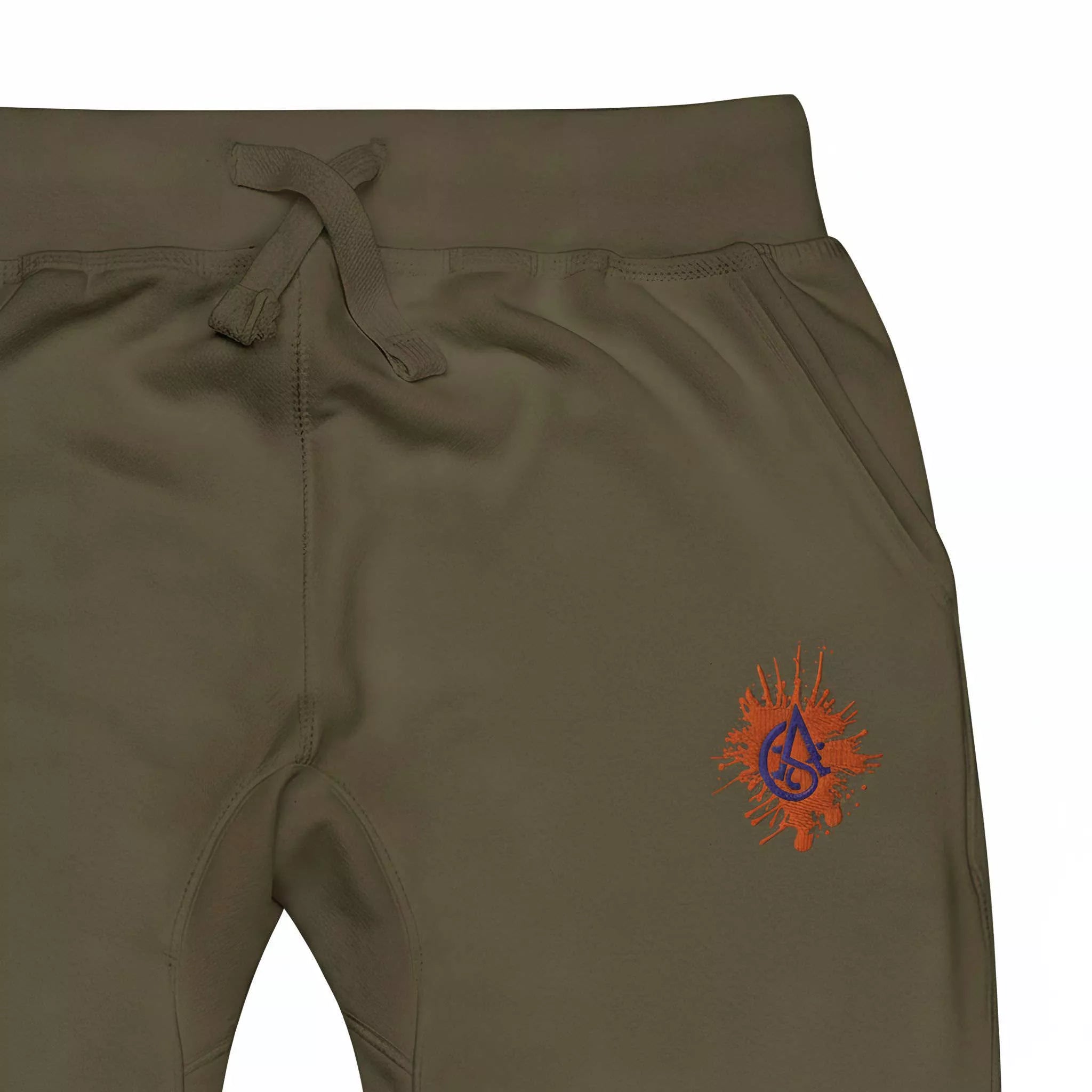 Army Green sweatpants with a logo on the left leg against a white background