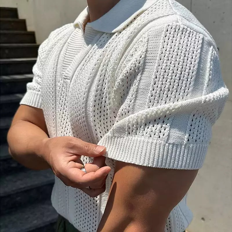 Vintage Hollow Out Knit Polo Shirt - High-Quality Men's Vintage Knit Polo Shirt - Comfortable & Breathable Alex Shogun Men's Clothes