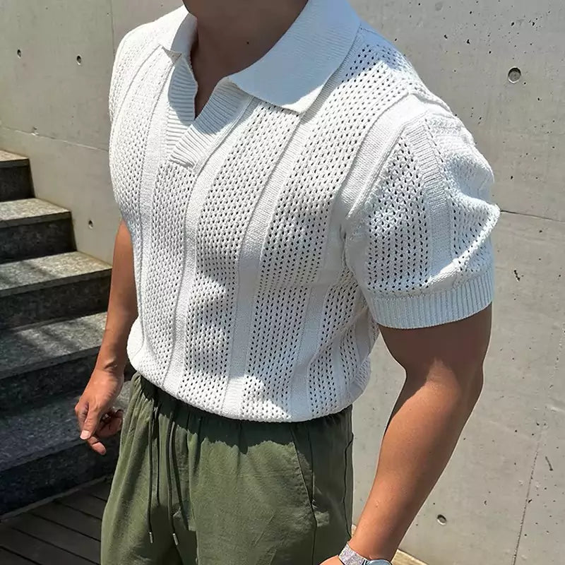 Vintage Hollow Out Knit Polo Shirt - High-Quality Men's Vintage Knit Polo Shirt - Comfortable & Breathable Alex Shogun Men's Clothes