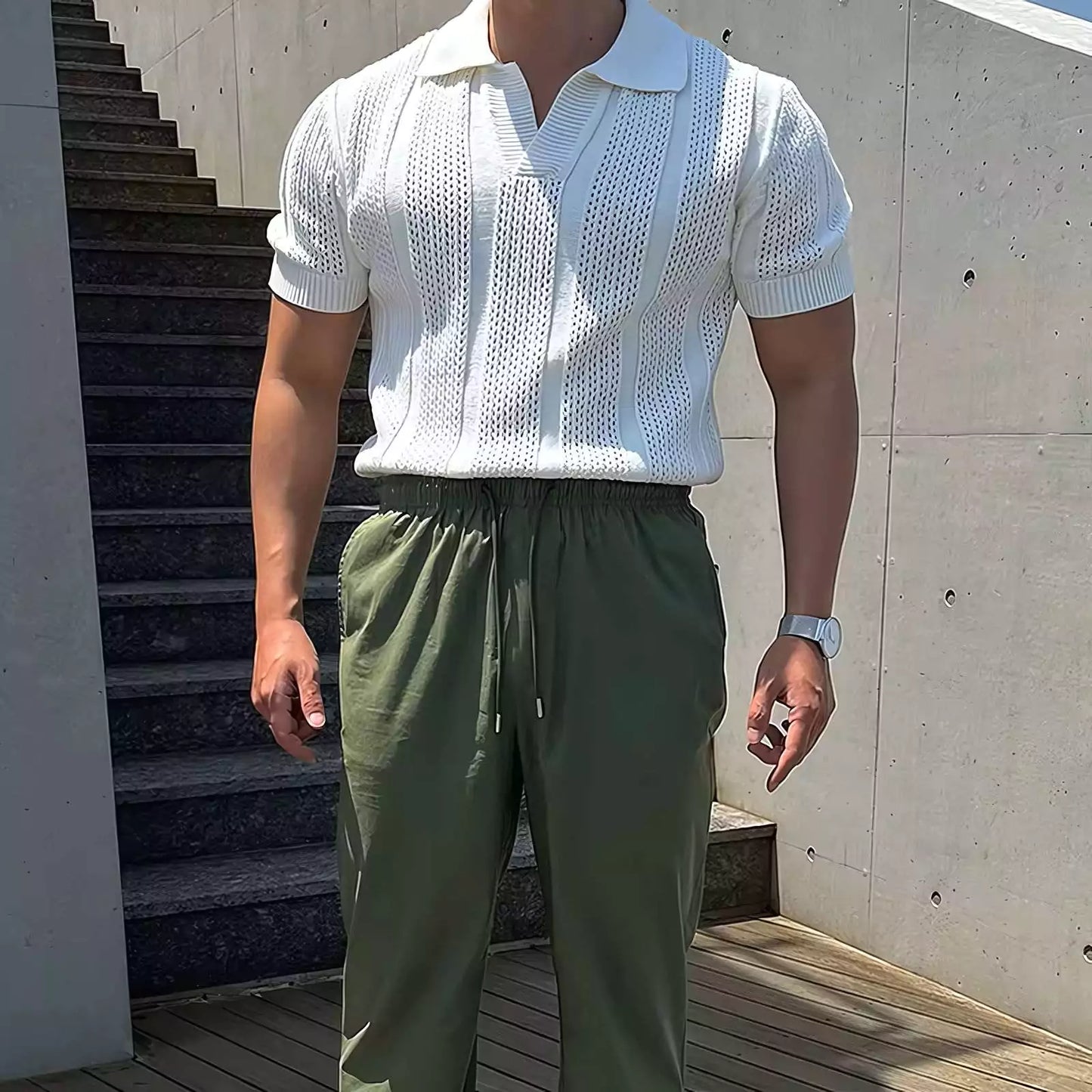 Vintage Hollow Out Knit Polo Shirt - High-Quality Men's Vintage Knit Polo Shirt - Comfortable & Breathable Alex Shogun Men's Clothes