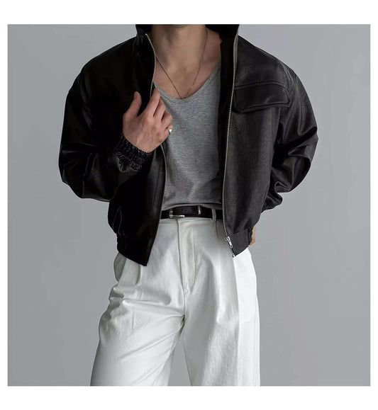 Maverick Stand Collar Leatherette Jacket - Maverick Stand Collar Leatherette Jacket Alex Shogun Men's Clothes