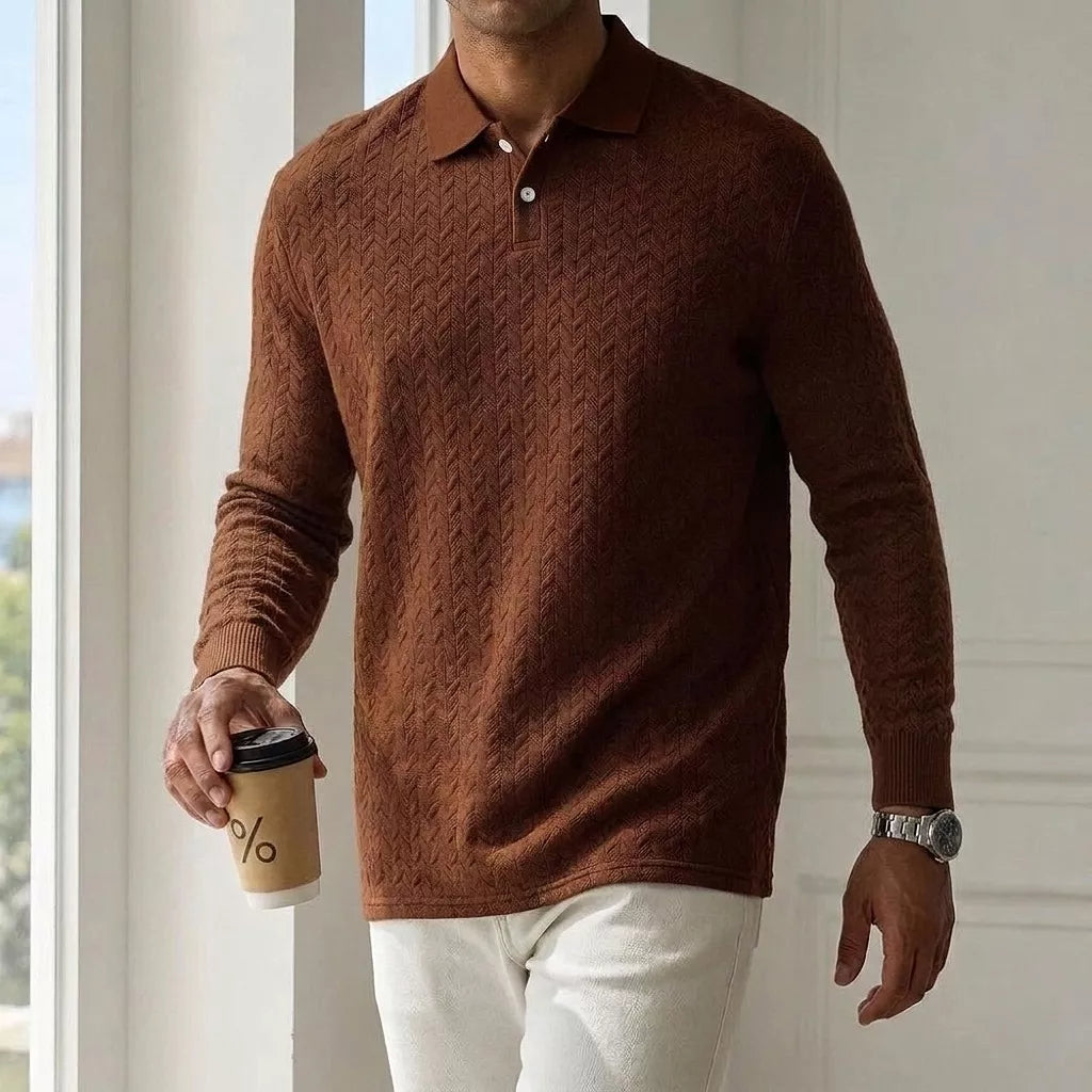 The Herringbone Long-Sleeve Knit Polo - Herringbone Knit Polo — | Long Sleeve | AlexShogun.store Alex Shogun Men's Clothes