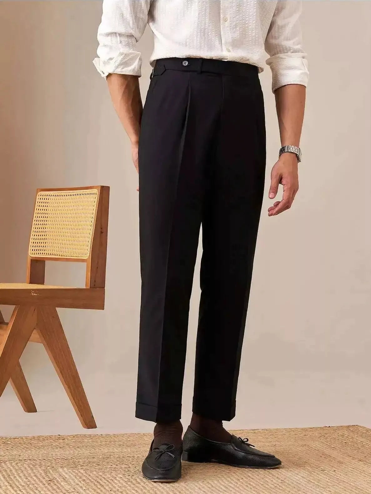 Sovereign Pleat Trousers — Black & Navy - Men's High-Waist Pleated Wool Blend Trousers | Dress Pants AlexShogun Alex Shogun Men's Clothes
