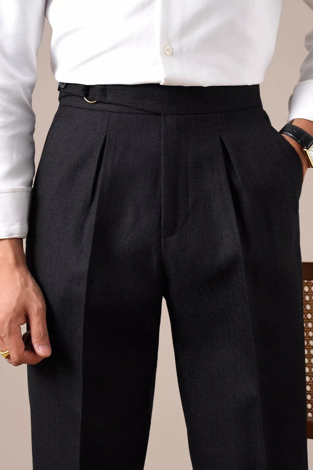 Double Pleat High-Waist Trousers | Burgundy & Black - Men's High-Waist Double Pleat Trousers | Dress Pants | AlexShogun Alex Shogun Men's Clothes