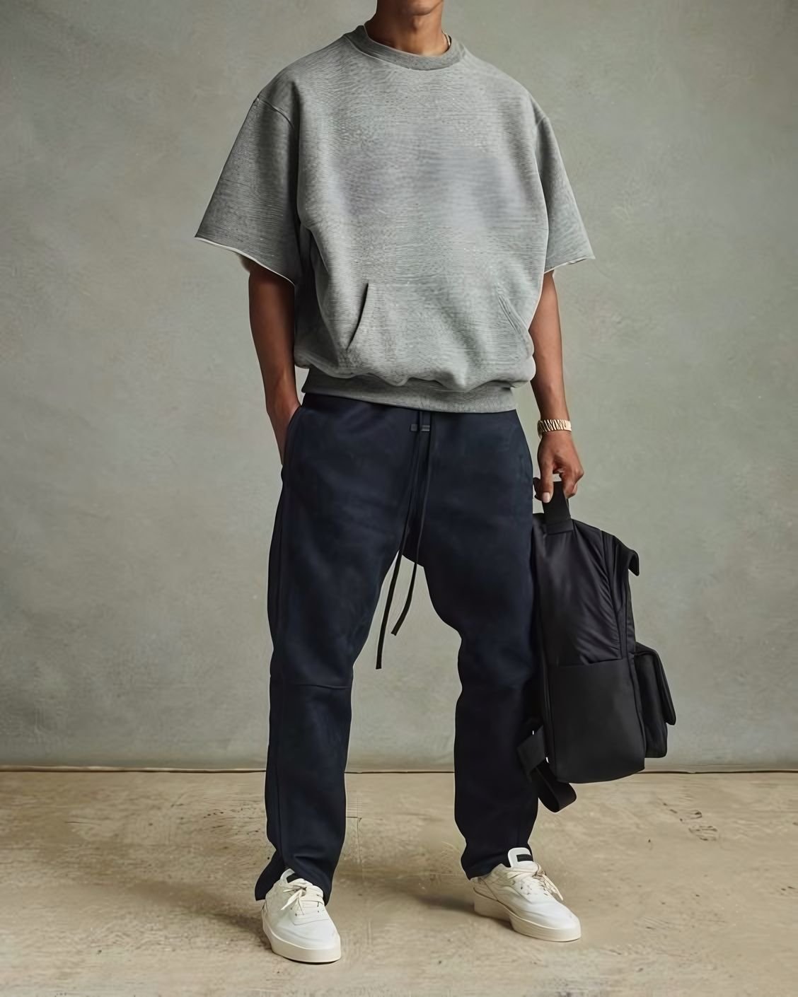 Man wearing a premium streetwear outfit from Alex Shogun's Streetwear Royalty collection, featuring urban elite and elevated street style designs