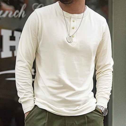 Alex Shogun Henley Long-Sleeve Tee - Alex Shogun Men's Henley Long Sleeve T-Shirt - Cotton, Ivory Buttons Alex Shogun Men's Clothes