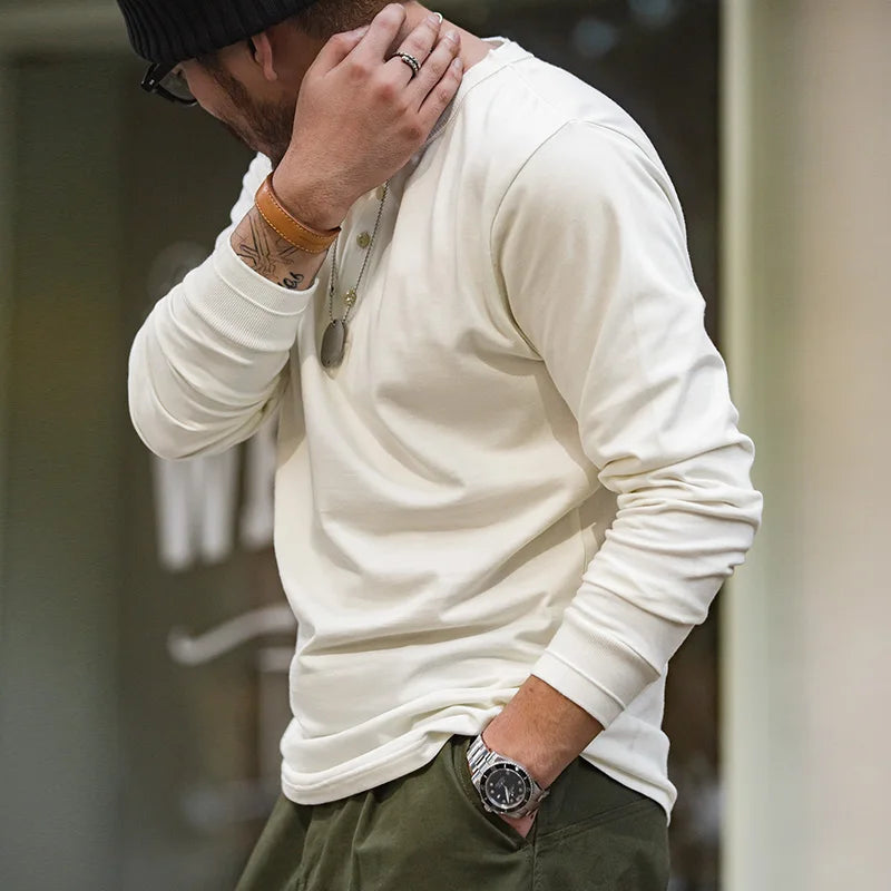 Alex Shogun Henley Long-Sleeve Tee - Alex Shogun Men's Henley Long Sleeve T-Shirt - Cotton, Ivory Buttons Alex Shogun Men's Clothes