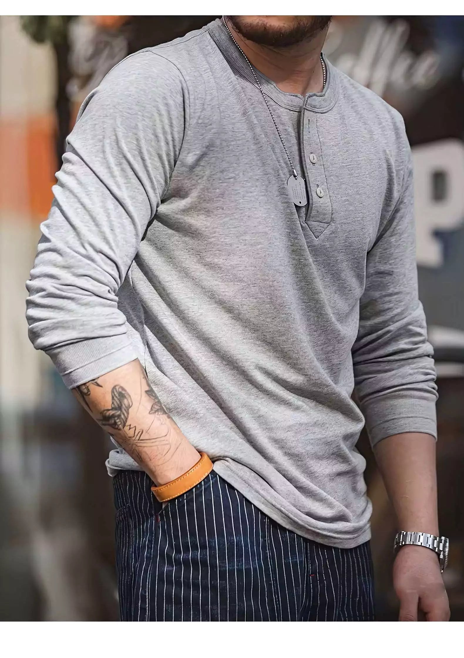 Alex Shogun Henley Long-Sleeve Tee - Alex Shogun Men's Henley Long Sleeve T-Shirt - Cotton, Ivory Buttons Alex Shogun Men's Clothes