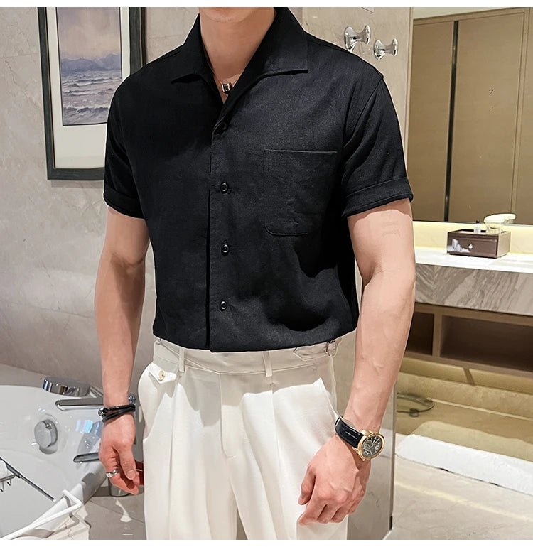 Arc-Collar Short-Sleeve Shirt - Men's Linen Short Sleeve Shirt | Arc Collar Button Up | Alex Shogun Alex Shogun Men's Clothes