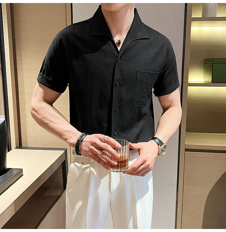Arc-Collar Short-Sleeve Shirt - Men's Linen Short Sleeve Shirt | Arc Collar Button Up | Alex Shogun Alex Shogun Men's Clothes