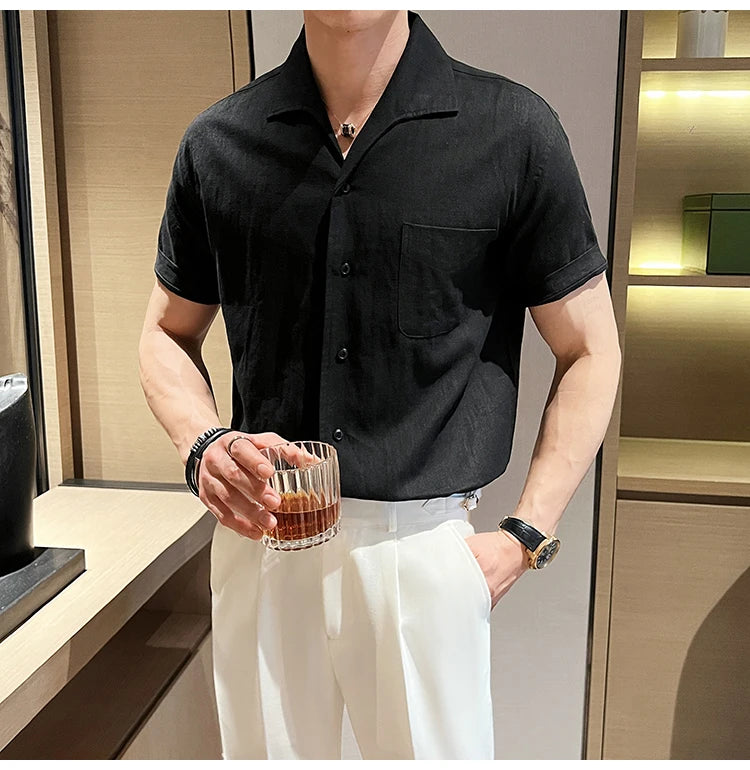 Arc-Collar Short-Sleeve Shirt - Men's Linen Short Sleeve Shirt | Arc Collar Button Up | Alex Shogun Alex Shogun Men's Clothes