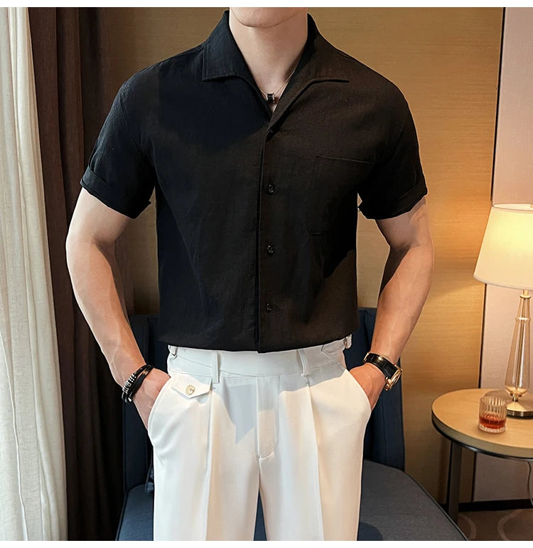 Arc-Collar Short-Sleeve Shirt - Men's Linen Short Sleeve Shirt | Arc Collar Button Up | Alex Shogun Alex Shogun Men's Clothes