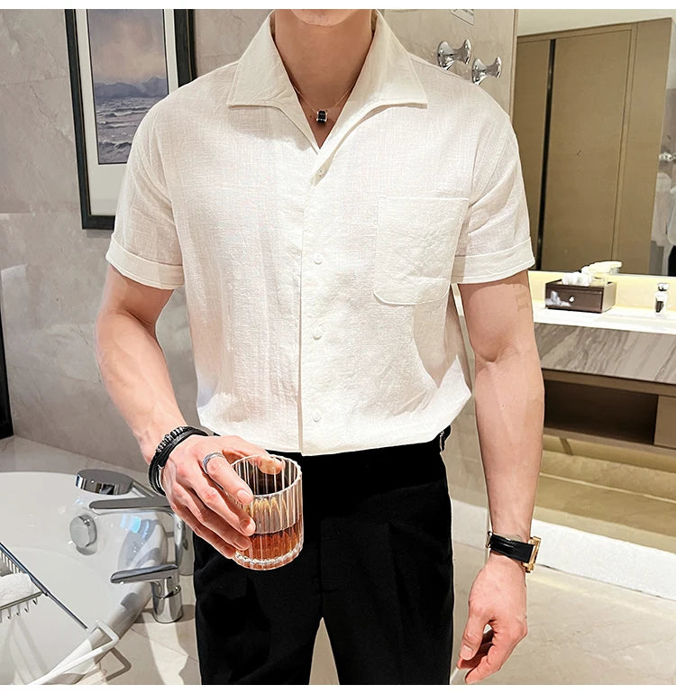 Arc-Collar Short-Sleeve Shirt - Men's Linen Short Sleeve Shirt | Arc Collar Button Up | Alex Shogun Alex Shogun Men's Clothes