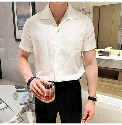 Arc-Collar Short-Sleeve Shirt - Men's Linen Short Sleeve Shirt | Arc Collar Button Up | Alex Shogun Alex Shogun Men's Clothes