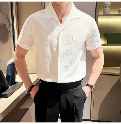 Arc-Collar Short-Sleeve Shirt - Men's Linen Short Sleeve Shirt | Arc Collar Button Up | Alex Shogun Alex Shogun Men's Clothes