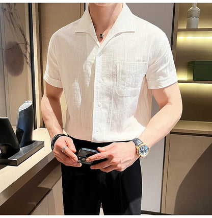 Arc-Collar Short-Sleeve Shirt - Men's Linen Short Sleeve Shirt | Arc Collar Button Up | Alex Shogun Alex Shogun Men's Clothes