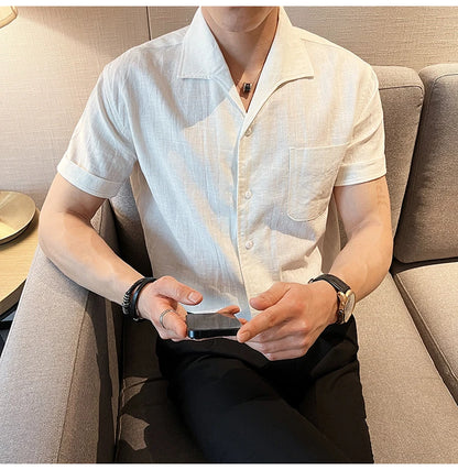 Arc-Collar Short-Sleeve Shirt - Men's Linen Short Sleeve Shirt | Arc Collar Button Up | Alex Shogun Alex Shogun Men's Clothes