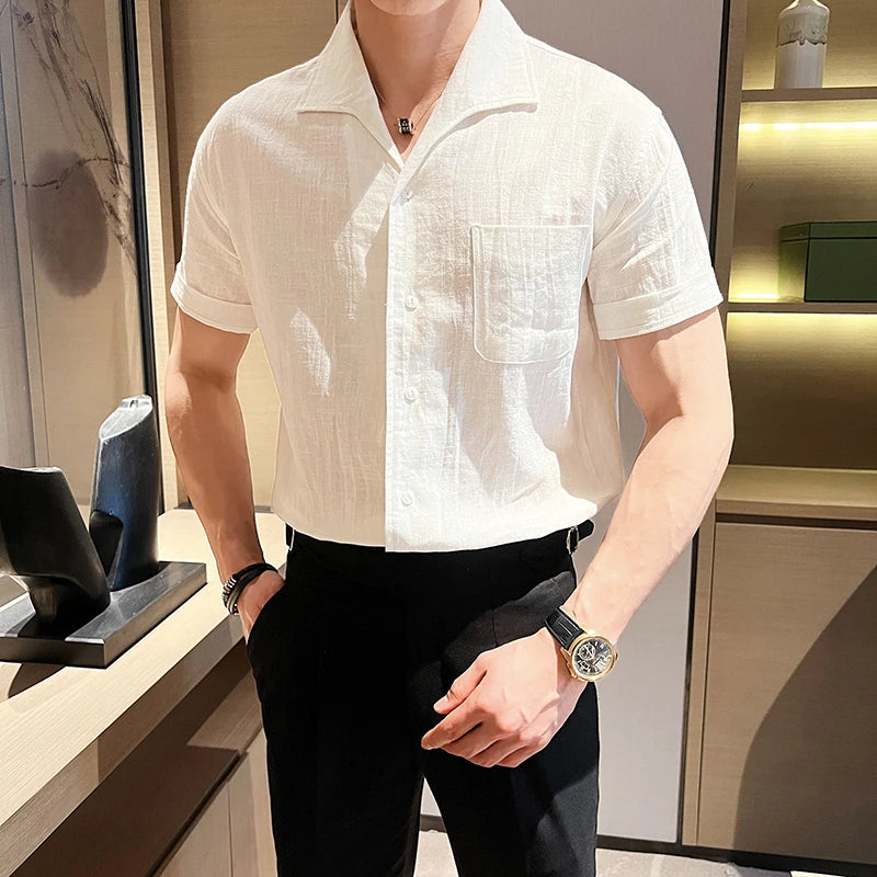 Arc-Collar Short-Sleeve Shirt - Men's Linen Short Sleeve Shirt | Arc Collar Button Up | Alex Shogun Alex Shogun Men's Clothes