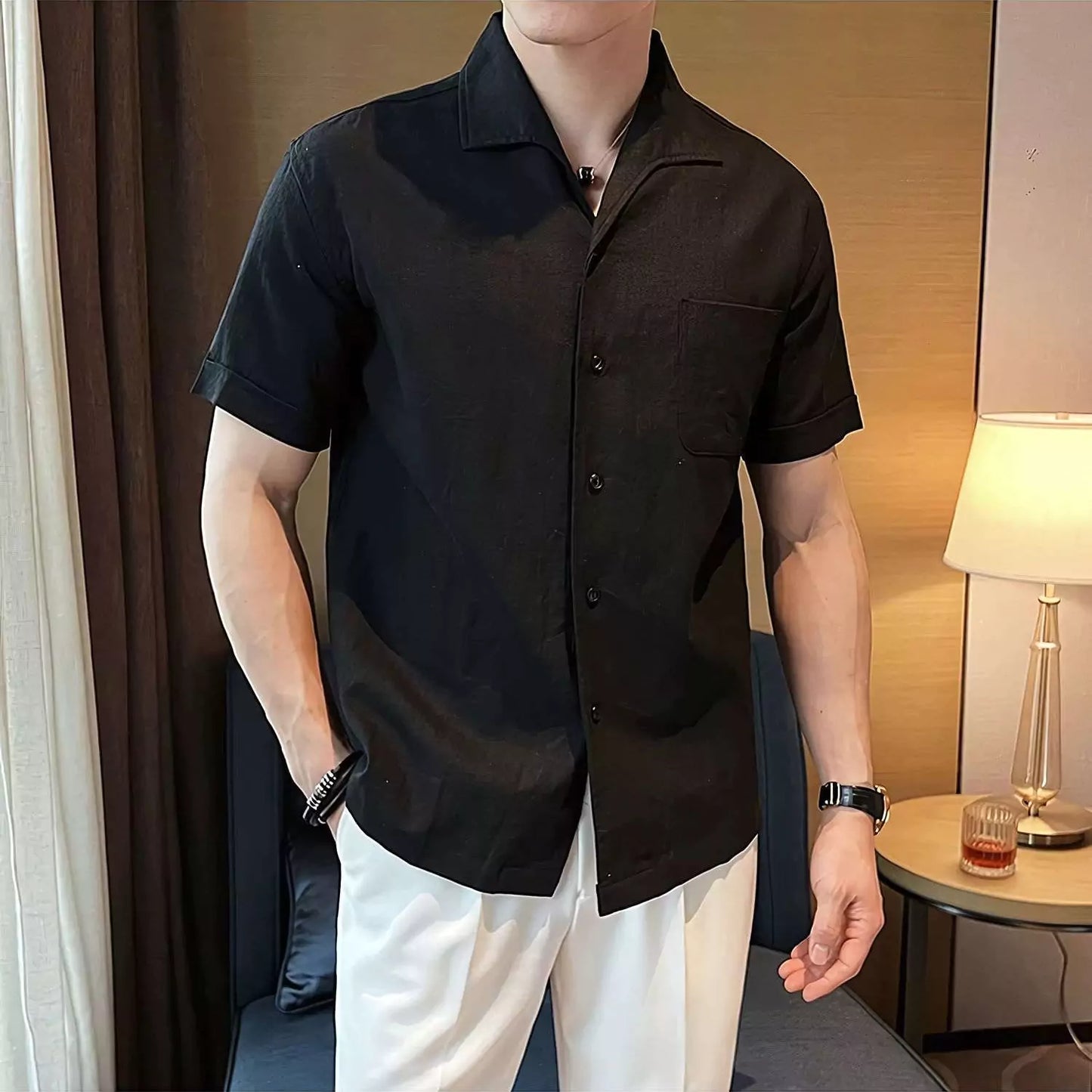 Arc-Collar Short-Sleeve Shirt - Men's Linen Short Sleeve Shirt | Arc Collar Button Up | Alex Shogun Alex Shogun Men's Clothes