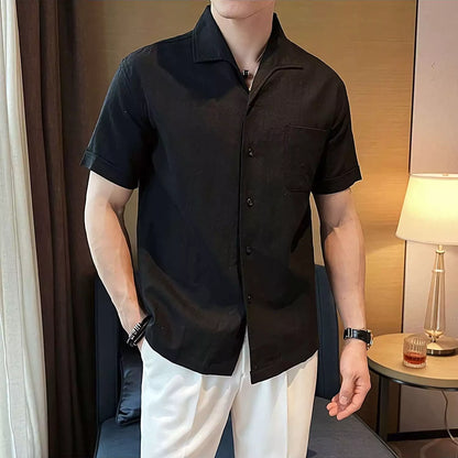 Arc-Collar Short-Sleeve Shirt - Men's Linen Short Sleeve Shirt | Arc Collar Button Up | Alex Shogun Alex Shogun Men's Clothes