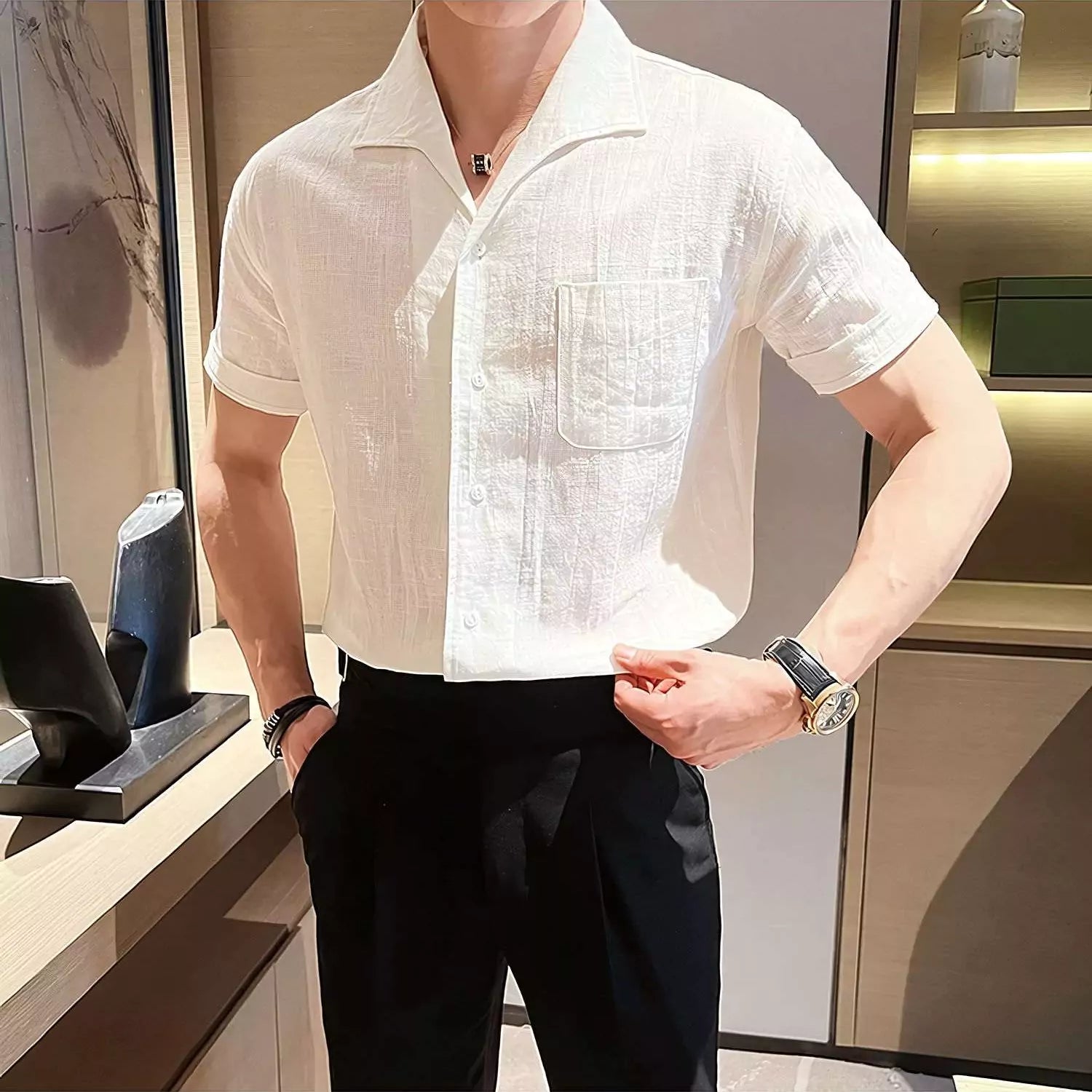 Arc-Collar Short-Sleeve Shirt - Men's Linen Short Sleeve Shirt | Arc Collar Button Up | Alex Shogun Alex Shogun Men's Clothes