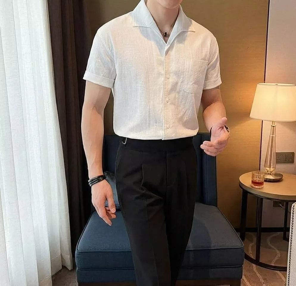 Arc-Collar Short-Sleeve Shirt - Men's Linen Short Sleeve Shirt | Arc Collar Button Up | Alex Shogun Alex Shogun Men's Clothes