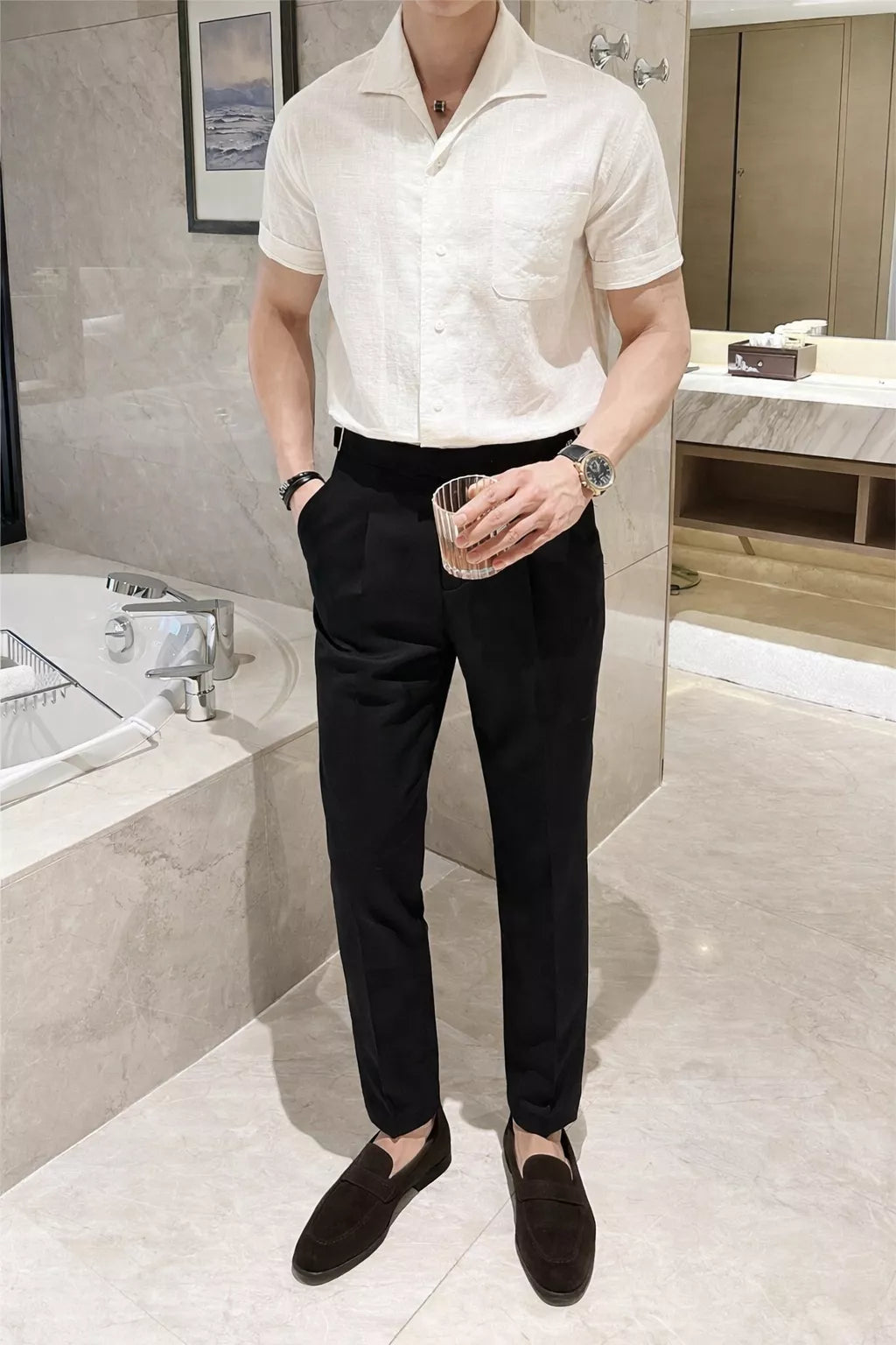 Arc-Collar Short-Sleeve Shirt - Men's Linen Short Sleeve Shirt | Arc Collar Button Up | Alex Shogun Alex Shogun Men's Clothes