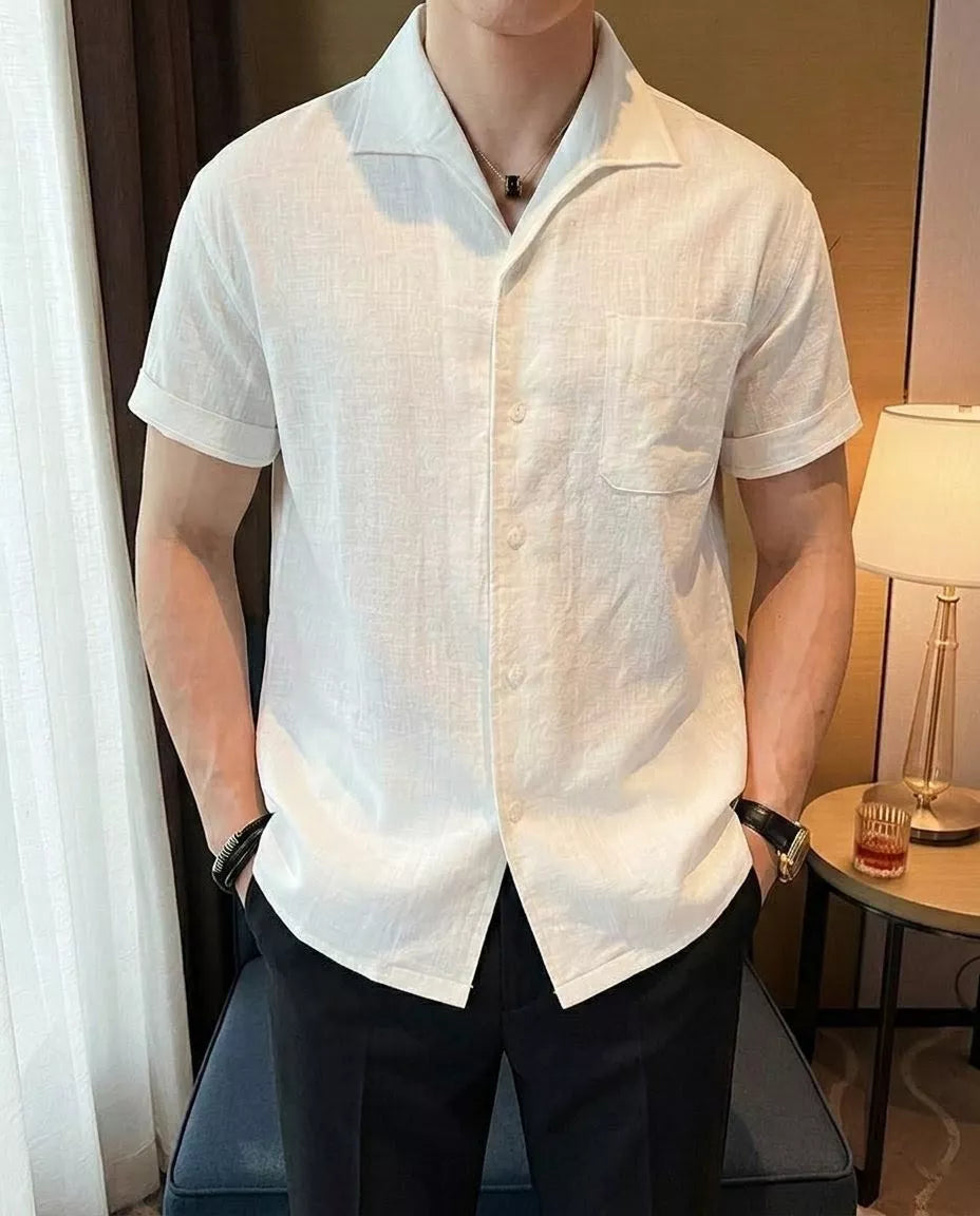 Arc-Collar Short-Sleeve Shirt - Men's Linen Short Sleeve Shirt | Arc Collar Button Up | Alex Shogun Alex Shogun Men's Clothes
