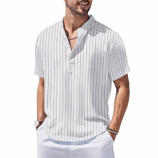 Coastal Linen Striped Short Sleeve Shirt - Men's Short Sleeve Linen Shirts: Coastal Striped - Old Money style Alex Shogun Men's Clothes