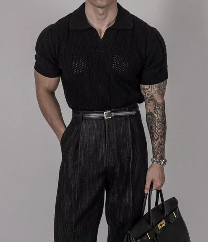 Hollow Out Knit Polo Shirt - Hollow Out Knit Polo Shirt Alex Shogun Men's Clothes