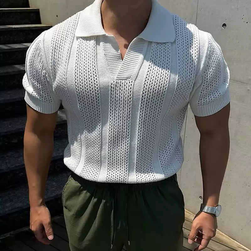 Hollow Out Knit Polo Shirt - Hollow Out Knit Polo Shirt Alex Shogun Men's Clothes