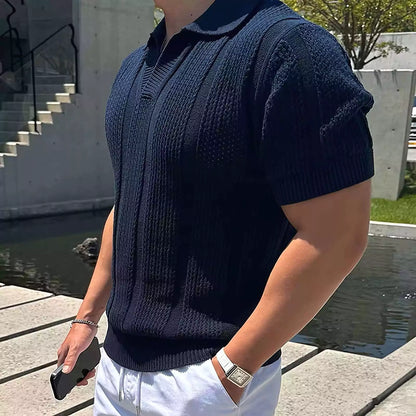 Hollow Out Knit Polo Shirt - Hollow Out Knit Polo Shirt Alex Shogun Men's Clothes
