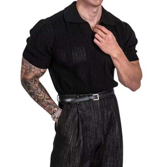 Hollow Out Knit Polo Shirt - Hollow Out Knit Polo Shirt Alex Shogun Men's Clothes