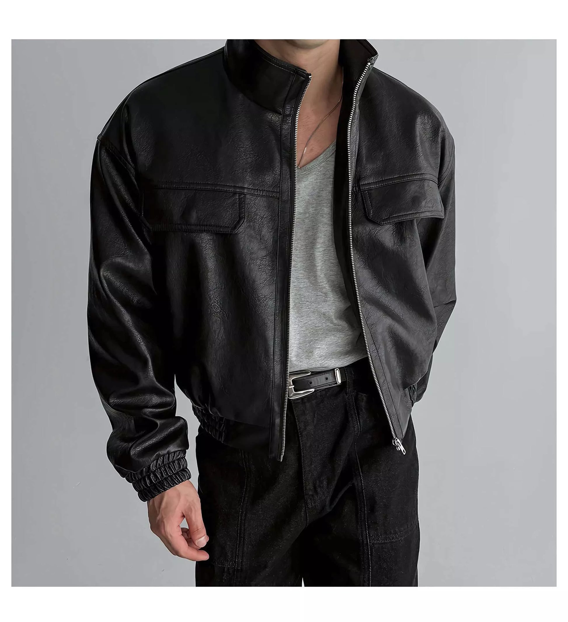 Men's Leather Bomber Jacket | Dark Stand Collar | Alex Shogun Men's Leather Bomber Jacket | Dark Stand Collar | Alex Shogun
