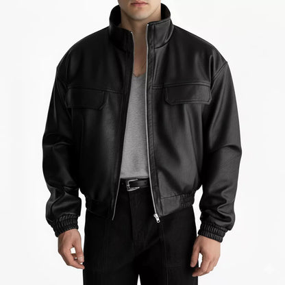 Maverick Stand Collar Leatherette Jacket - Maverick Stand Collar Leatherette Jacket Alex Shogun Men's Clothes