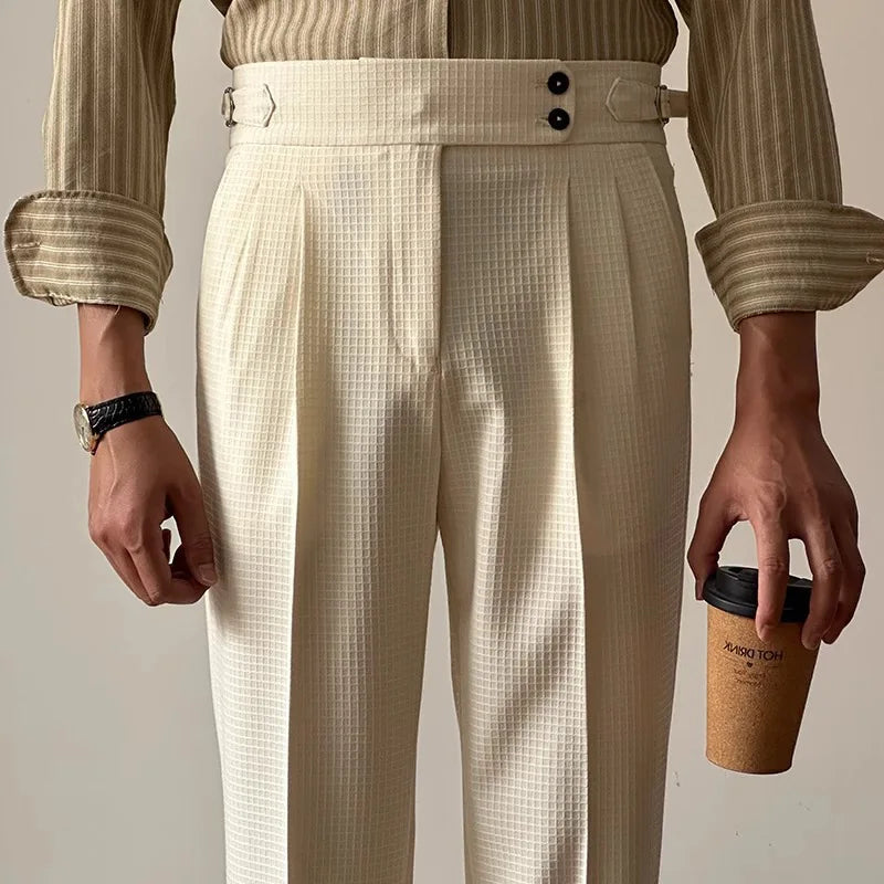 Men's High-Waist Waffle Knit Trousers -  #  pants Shop Comfort Men's High-Waist Pants - Stylish for Old Money Style 